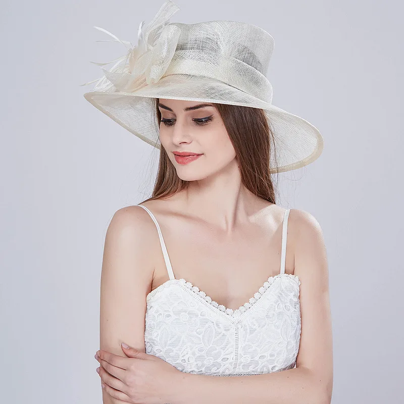 2024 Custom Fashion Women Lady Sinamay Wide Brim Church Hat Kentucky Derby Dress Hat Flower Tea Party Wedding White Hat