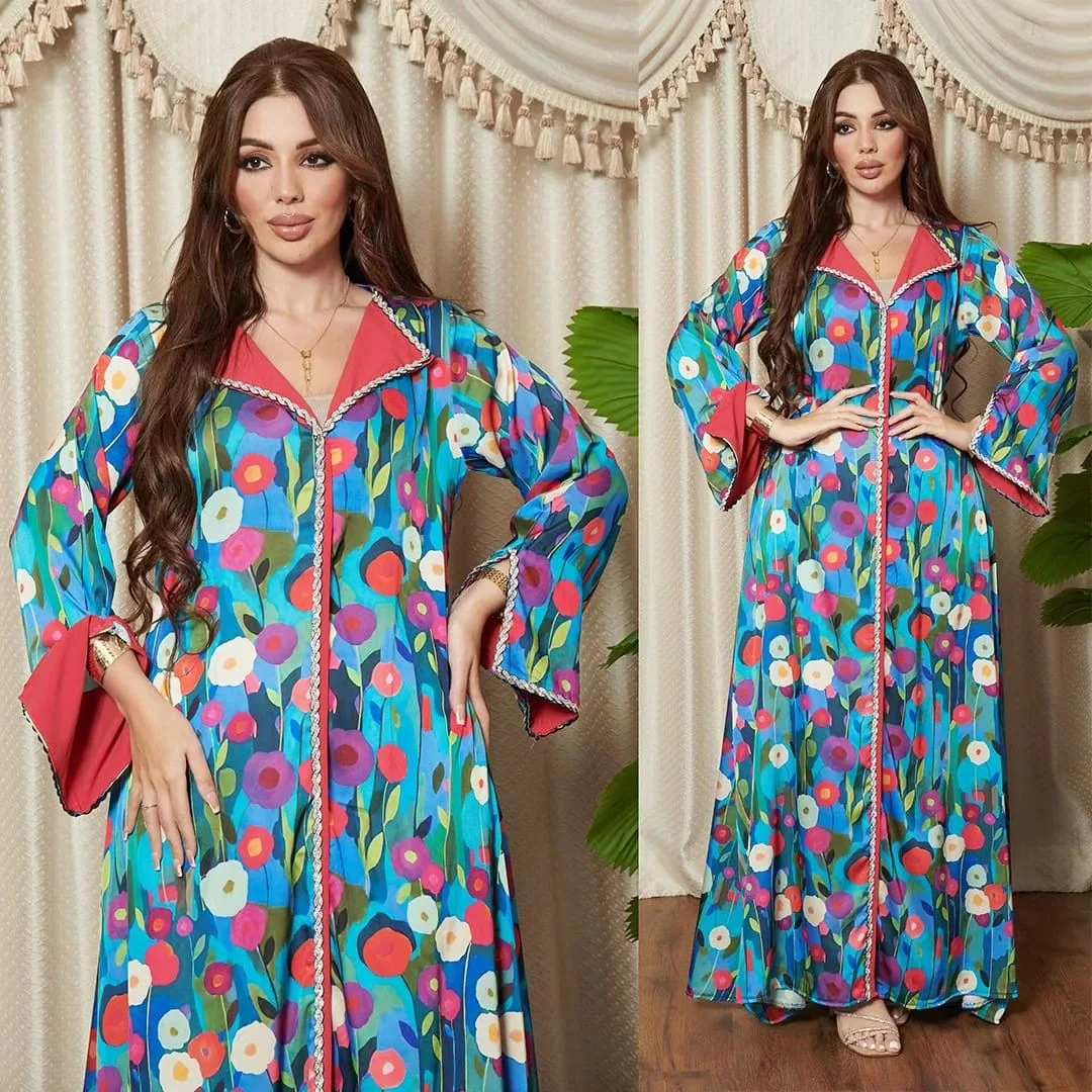 Wholesale Jalabiya Closed Abaya Muslim Clothing Turkey Floral Islamic Long Sleeve Kaftan Dress Women Dubai Abaya