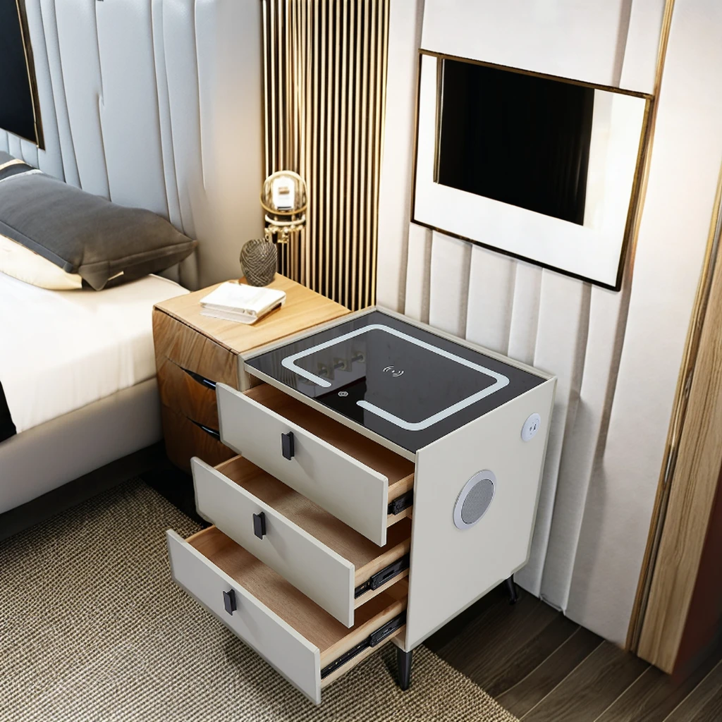 Smart Solid Wooden Night Stand Bedroom Furniture Smart Coffee Table with 3-Light Glass Top USB Wireless Charger Speaker