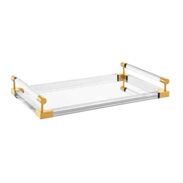 Acrylic serving tray with golden handle, mirror acrylic hotel serving tray with metal decoration