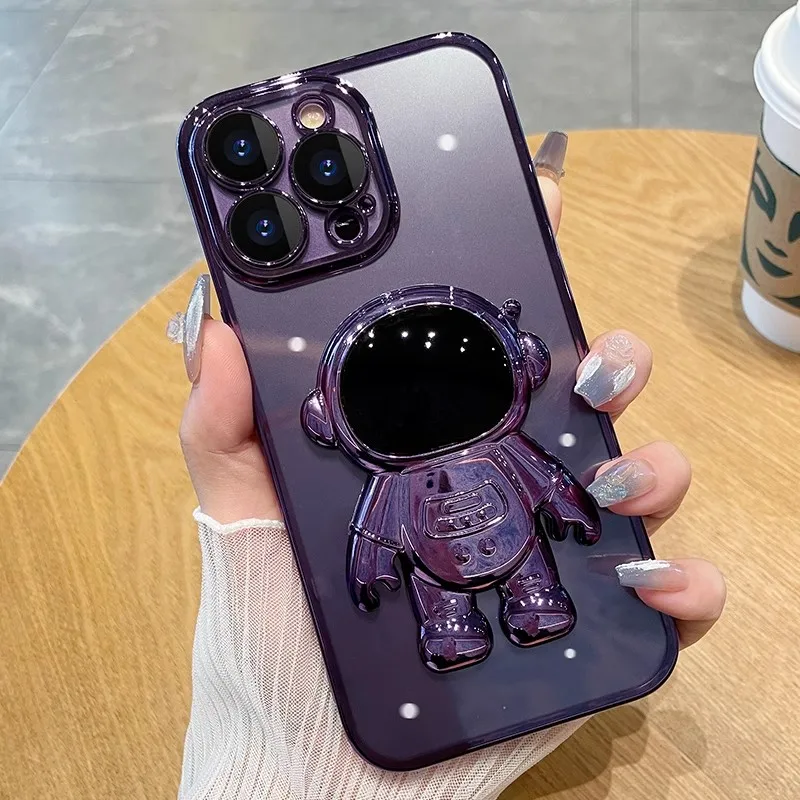 Wholesale Electroplating Astronaut Phone Stand Case With Camera Protector Cover For iPhone 15 Transparent Cute Cool Phone Case