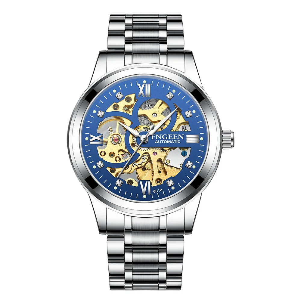 Gold Man Mechanical Watch Clear Mesh Band Water Resist Automatic Self Winding Business Watch Set