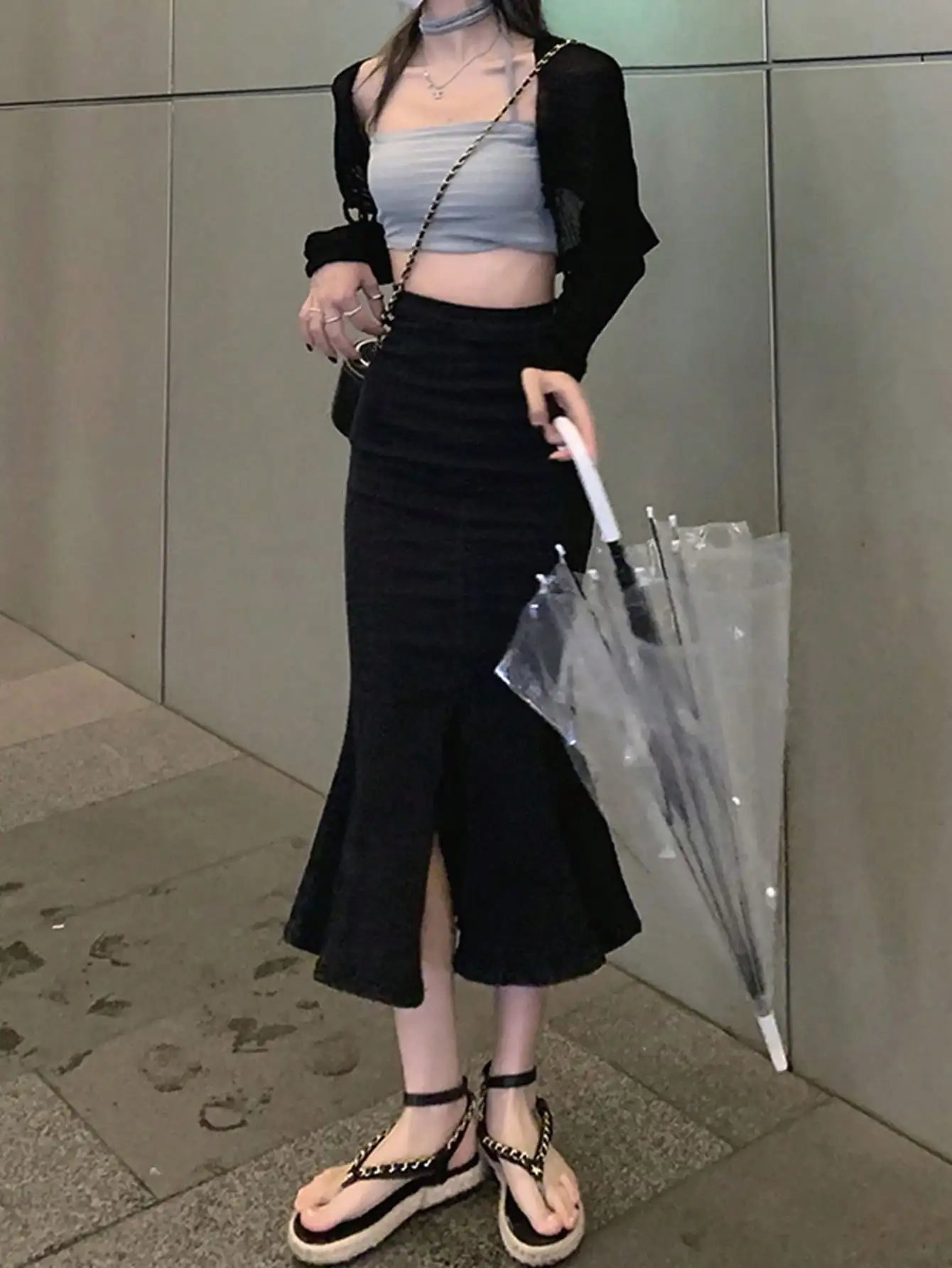 Free Sample Women High Waisted Slimming Jean Skirt Black Long Irregular Half-Body Fishtail Front Side Slit Jean Denim Skirt