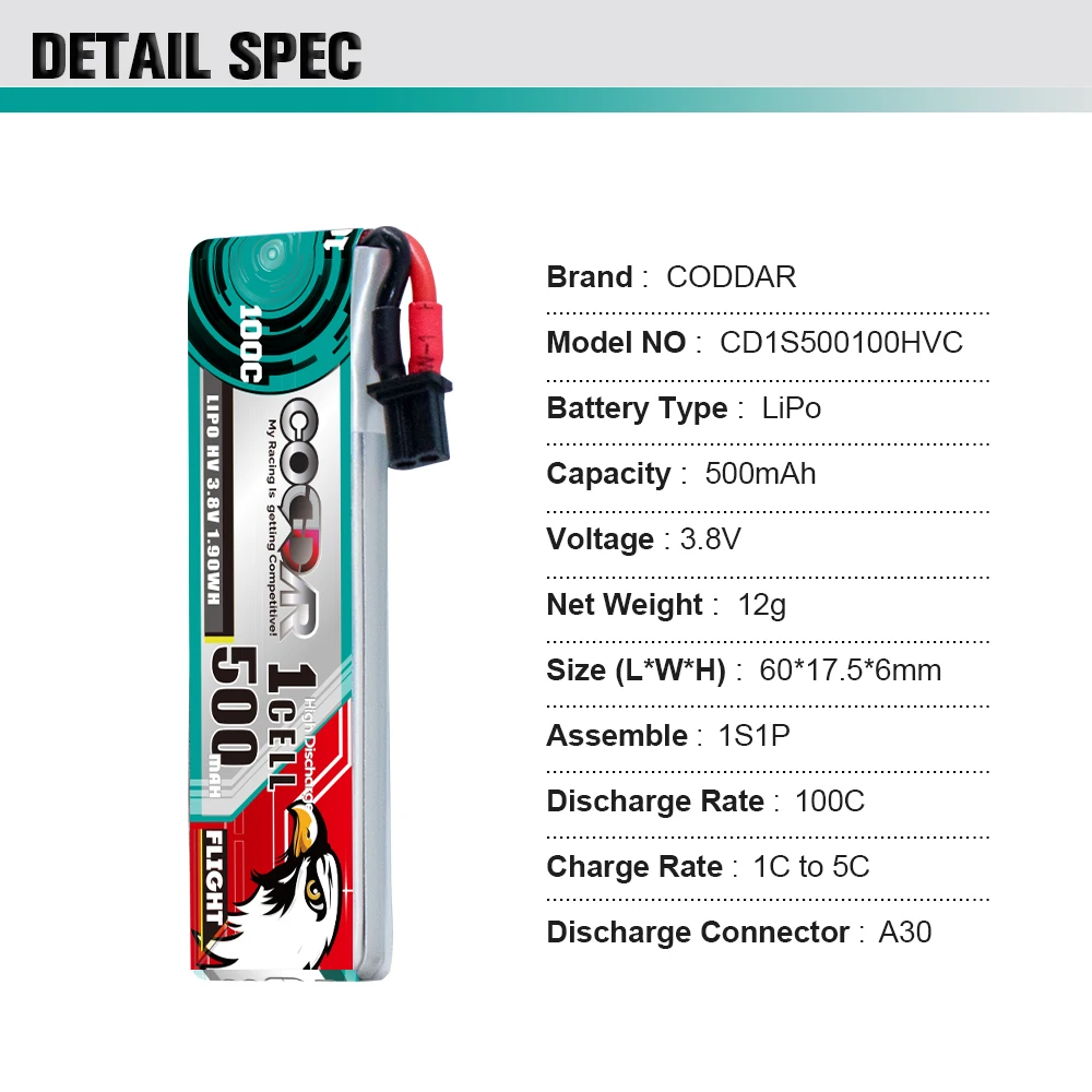 CODDAR LiPo Battery 1S 500MAH 3.8V 100C A30 with Cabled FPV Drone High Voltage HV LiHV Lithium Polymer