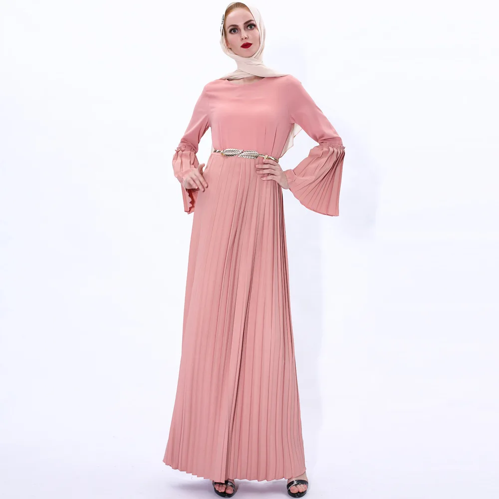 Malaysian Indonesian Beautiful Girl Muslim Islamic Chiffon Lace Long Skirt with Belt Ladies Elegant Abaya Dress