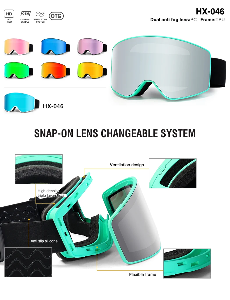 2024 new arrival HX046 womens Spherical Anti-fog Lens snowboard glasses ski googles women custom logo ski goggles