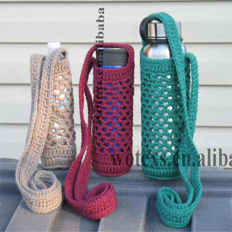 BM038 Free samples custom knit jacquard Cross Body Water Bottle Cover with straps Crochet Water Holder Water Bottle bags