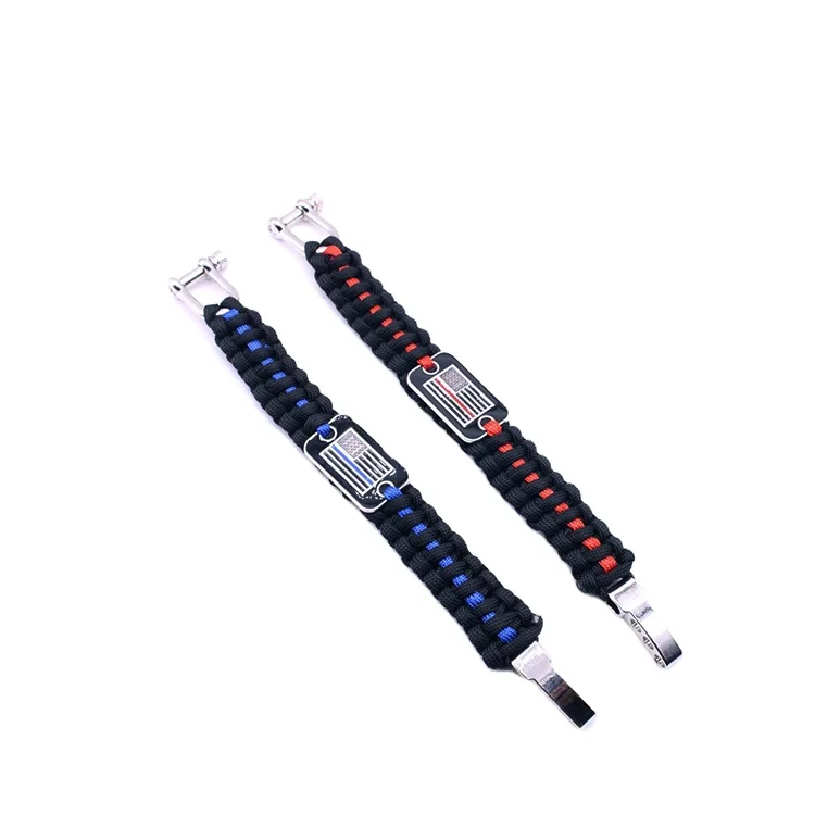 Custom Stainless Steel Shackle Adjustable Flag Customized Survival Thin Blue Line Paracord Bracelet