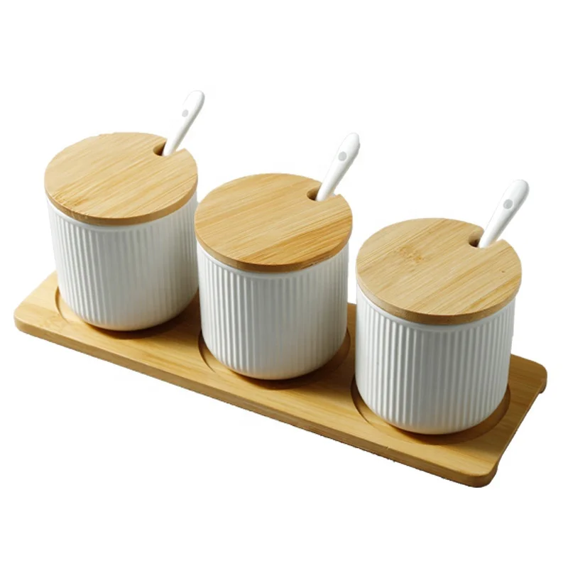 Water Ripple Porcelain Condiment Jar Spice Container With Small Spoon Ceramic Kitchenware 3pcs Spice Jar set with Bamboo Tray
