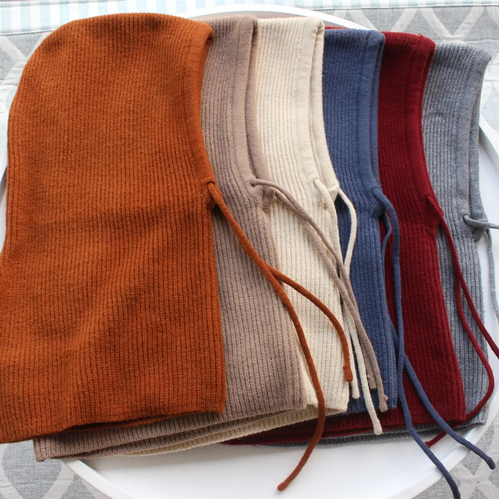 Вязаные кашемировые шапки с капюшоном RTS унисекс, однотонные регулируемые эластичные зимние шапки с кулиской, Балаклава с капюшоном