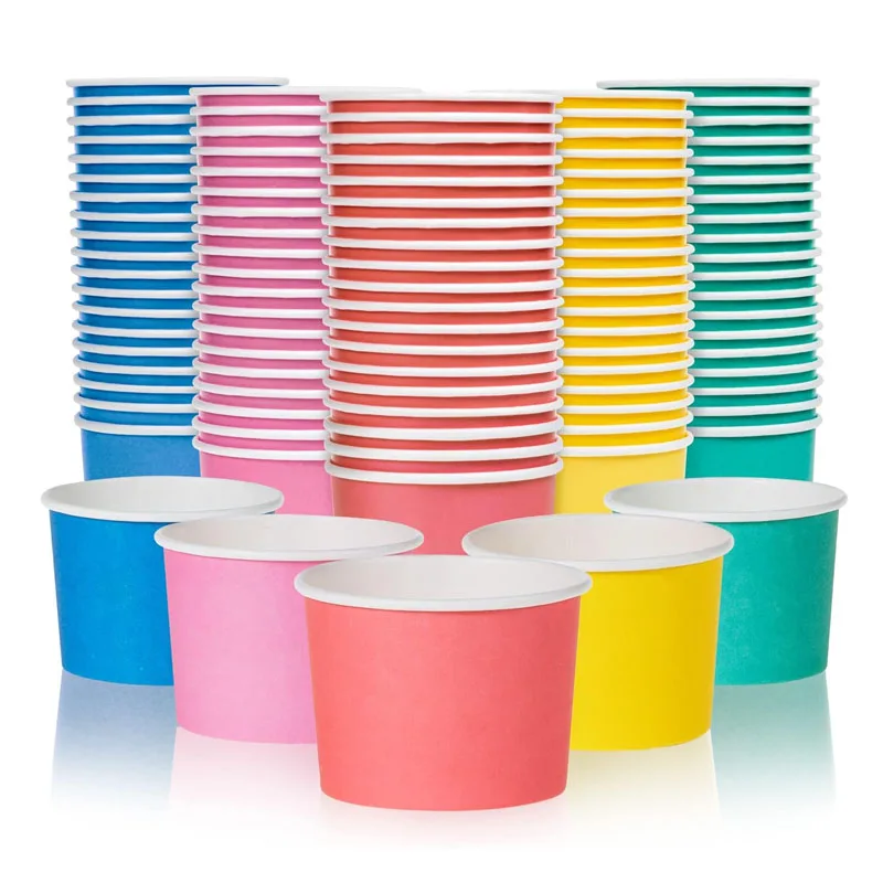 Eco-friendly disposable dessert bowls for hot and cold pink yellow blue paper ice cream cups