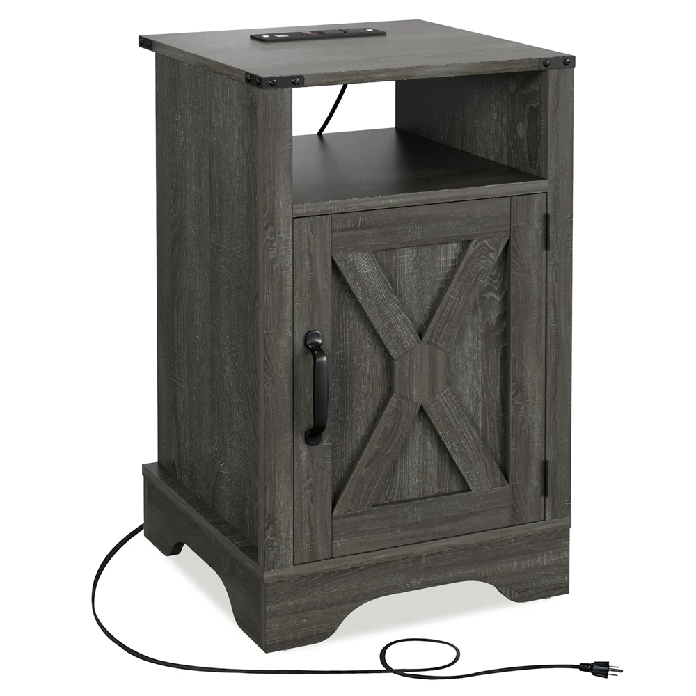 Modern Small Dark Gray Wooden Bedside Tables Nightstand With Charging Station Door Bedroom
