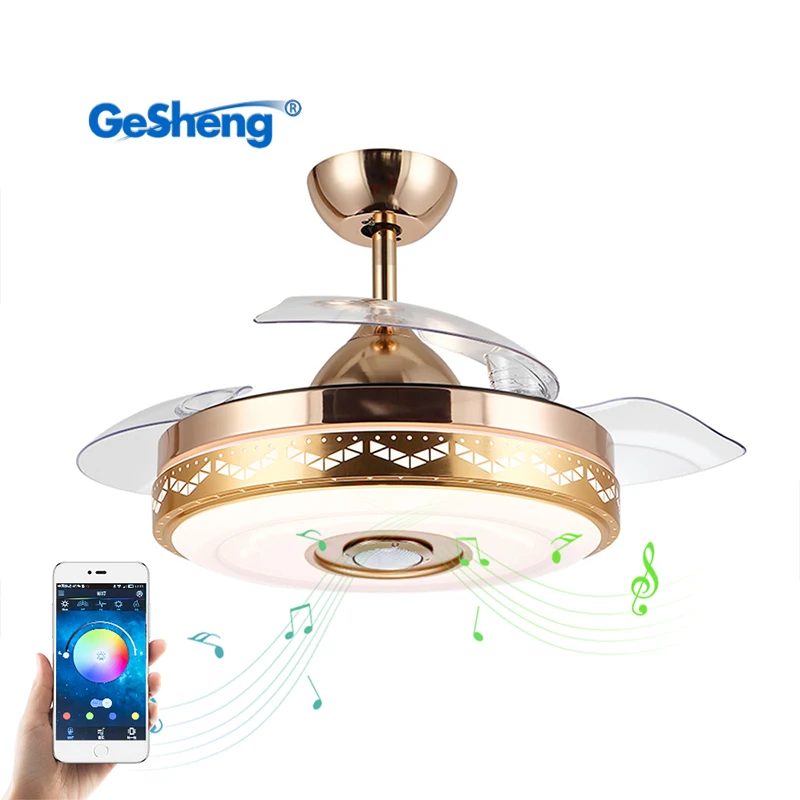 Оптовая продажа по индивидуальному заказу современный невидимый клинок OEM smart tuya музыкальный динамик потолочный вентилятор с подсветкой 110 в