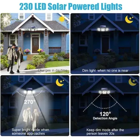 Solar Lights Outdoor 230 Leds Solar Powered Security Flood Lights 360 Degree RotatableHeads Adjustable Mo With Remote control