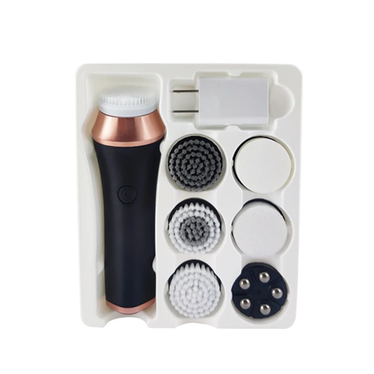 Electric USB Multi function Face Device 7 Cleaning Heads Silicone Sponge Metal Roller Rotating Facial Cleansing Brush