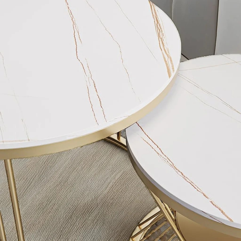 Contemporary Modern round Nesting Coffee Table Set Gold Metal Side with Glass Marble 2 Pieces Tea Coffee Table Middle Center Use