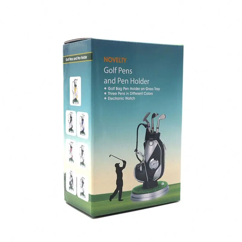 Mini Desktop Aluminum Alloy Golf Bag Pen Holder with Golf Pens Clock
