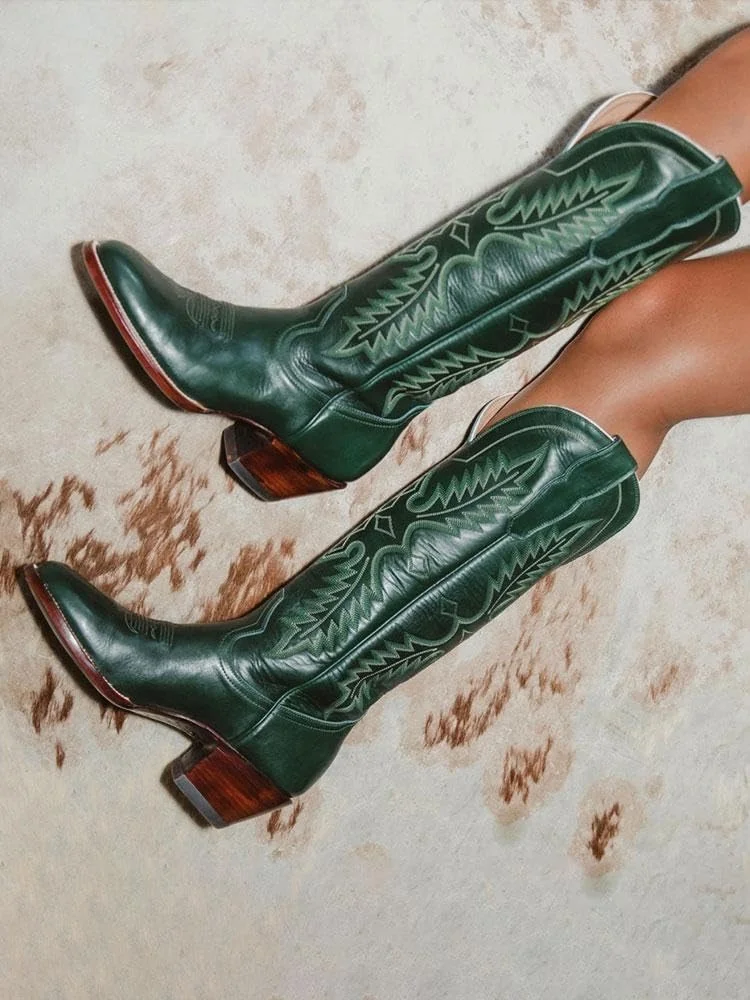 BUSY GIRL XY4355 western boots leather embroidery knee high cowboy boot outdoor horse party shoes thick heels women boots cowboy