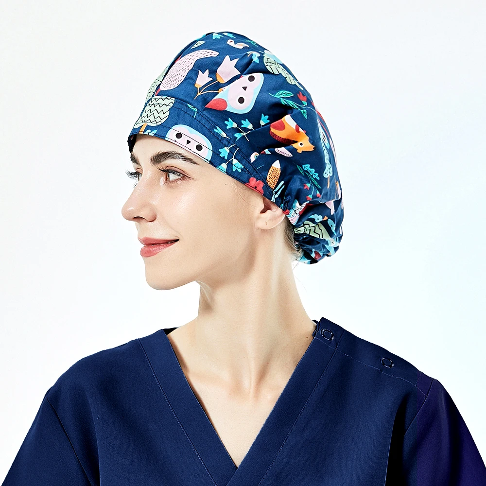 100% Cotton Unisex Absorb Sweat Caps Hospital Uniform Printed Scrub Nurse Hat Pet Nursing Scrubs Bonnets Surgical Cap