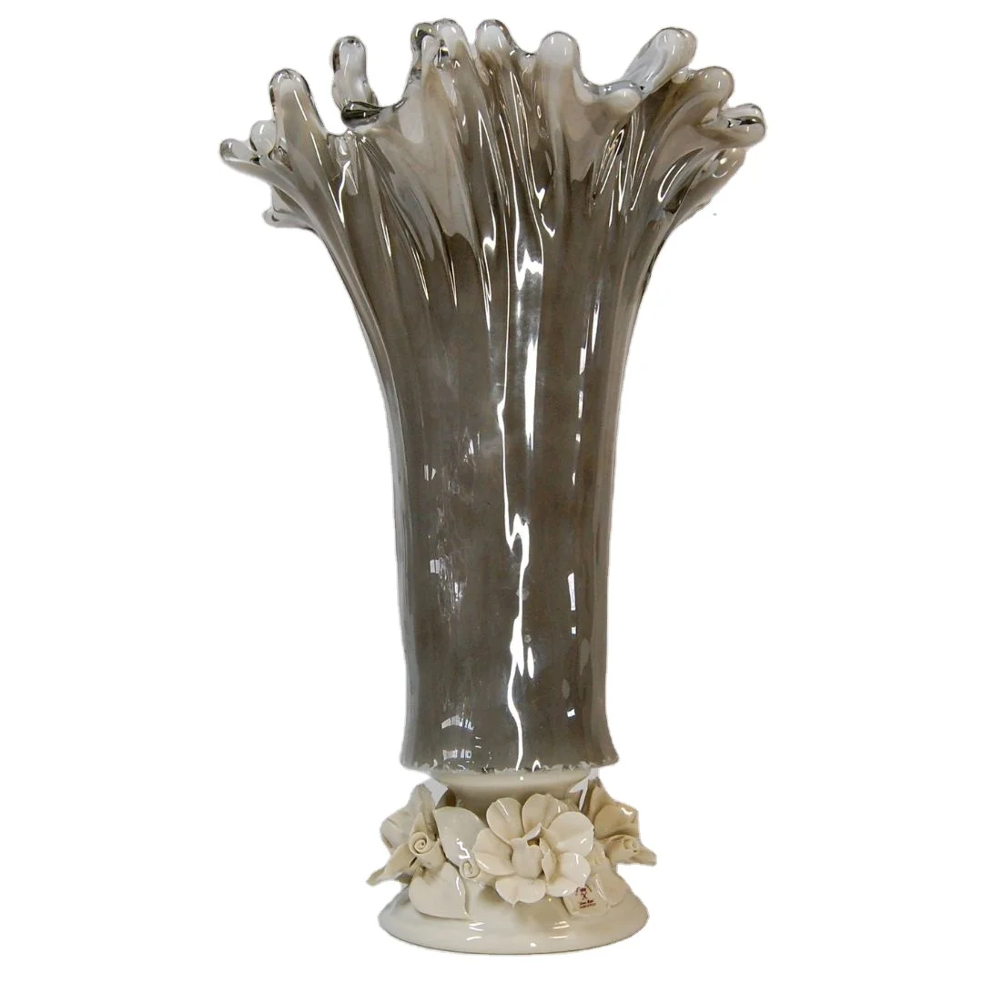 Tammaro Home Italian High Quality Glass Vase with Capodimonte Shiny Foot Flower Holder Lucky Home Decoration