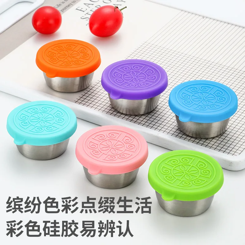 Portable 40ml Stainless Steel Sauce Cup with Silicone Lid for Ketchup Salad Dressing Kitchen Use