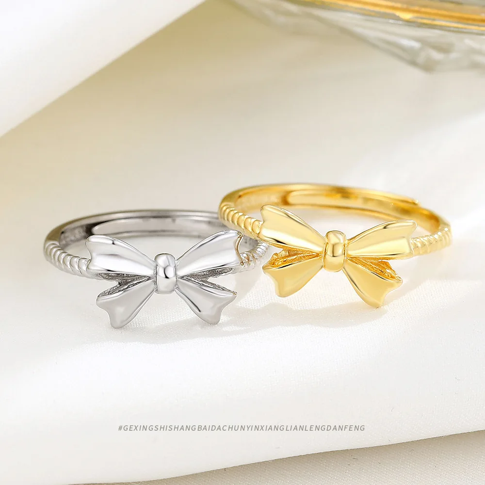 Ins Delicate Gold Plated Smooth Bow Shape Band Rings S925 Sterling Silver High Polished Bowknot Rings