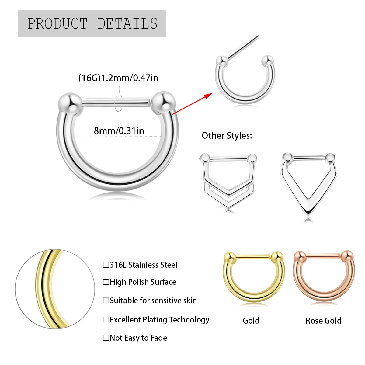 Fashion Cartilage Piercing Jewelry Small Bee Charm 316L Surgical Stainless Steel Hoop Nose Piercing Ring Seamless Septum Ring