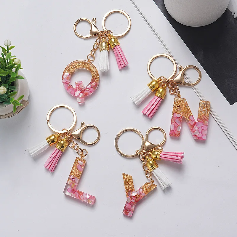 Fashion English initial keychains letter With Pink Blue Tassel A-Z Keyring Glitter Stone Fill Resin letter KeyChain charm Gift