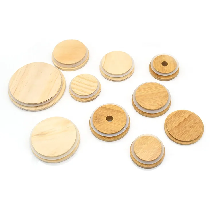 Wholesale 86mm 70mm bamboo mason jar lids bamboo lid with straw hole for glass jar