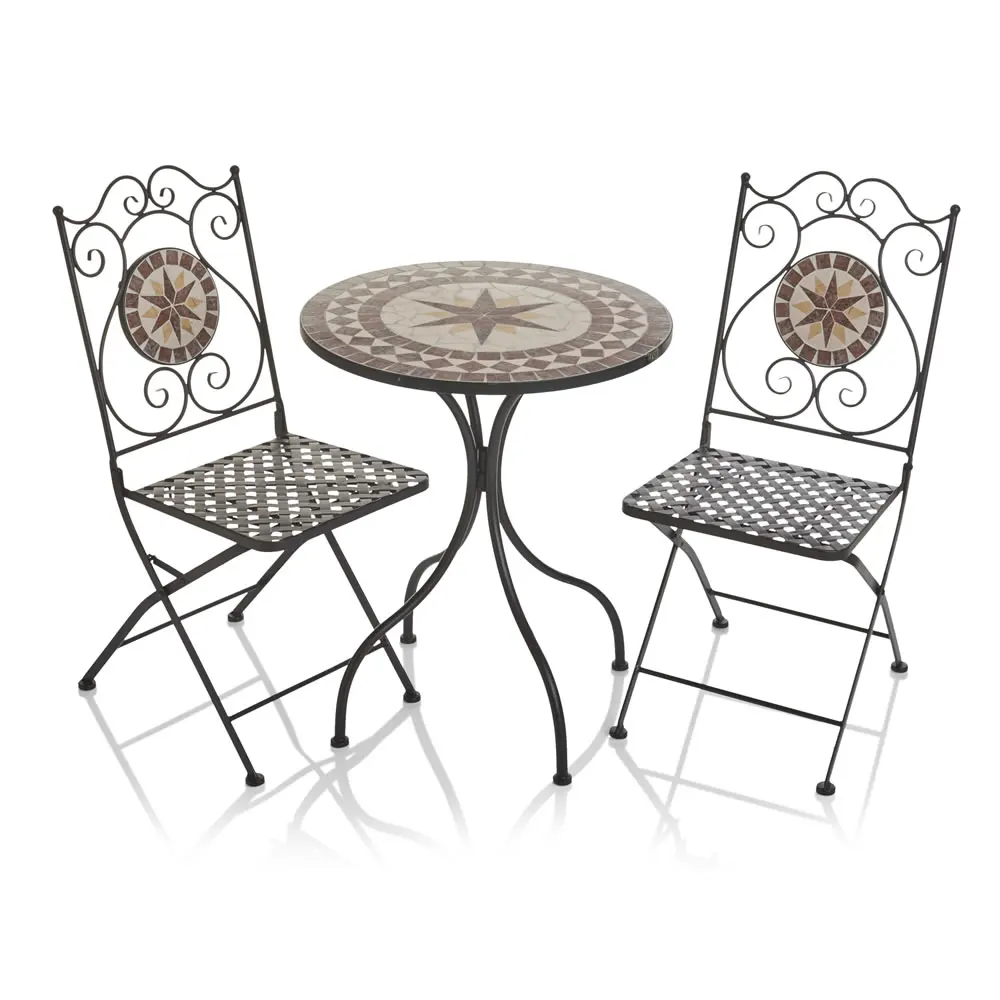 Iron bistro with folding chairs mosaic pattern top 3 piece mosaic bistro set for garden