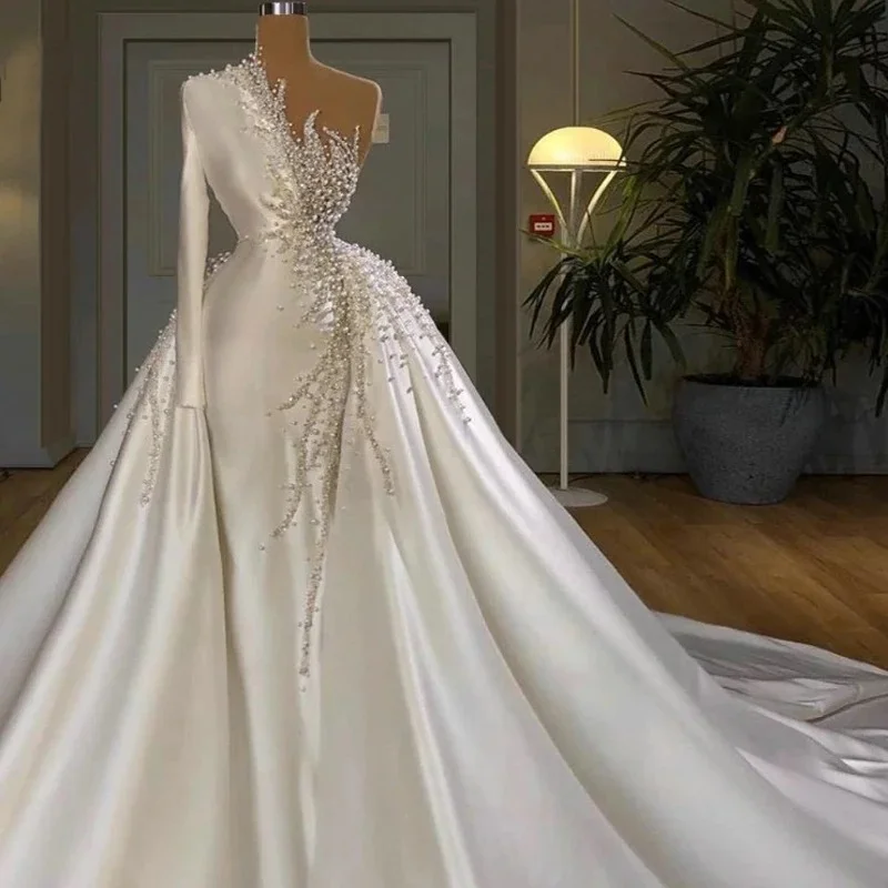 Luxury Satin Tail Wedding Dress Elegant Beaded Slim-Fit Diamond  New Elegant Tube Top Large Tutu Skirt Trailing