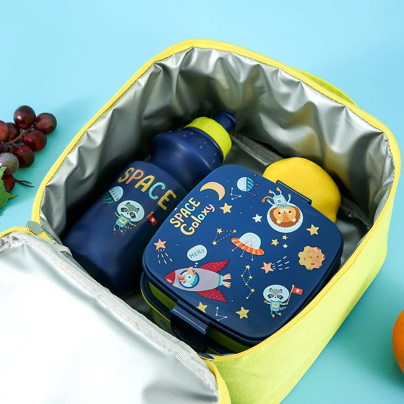 Cartoon Pattern 3 In 1 Lunch Tote Bag With Sandwich Box & Water Bottle Portable School Cooler Set