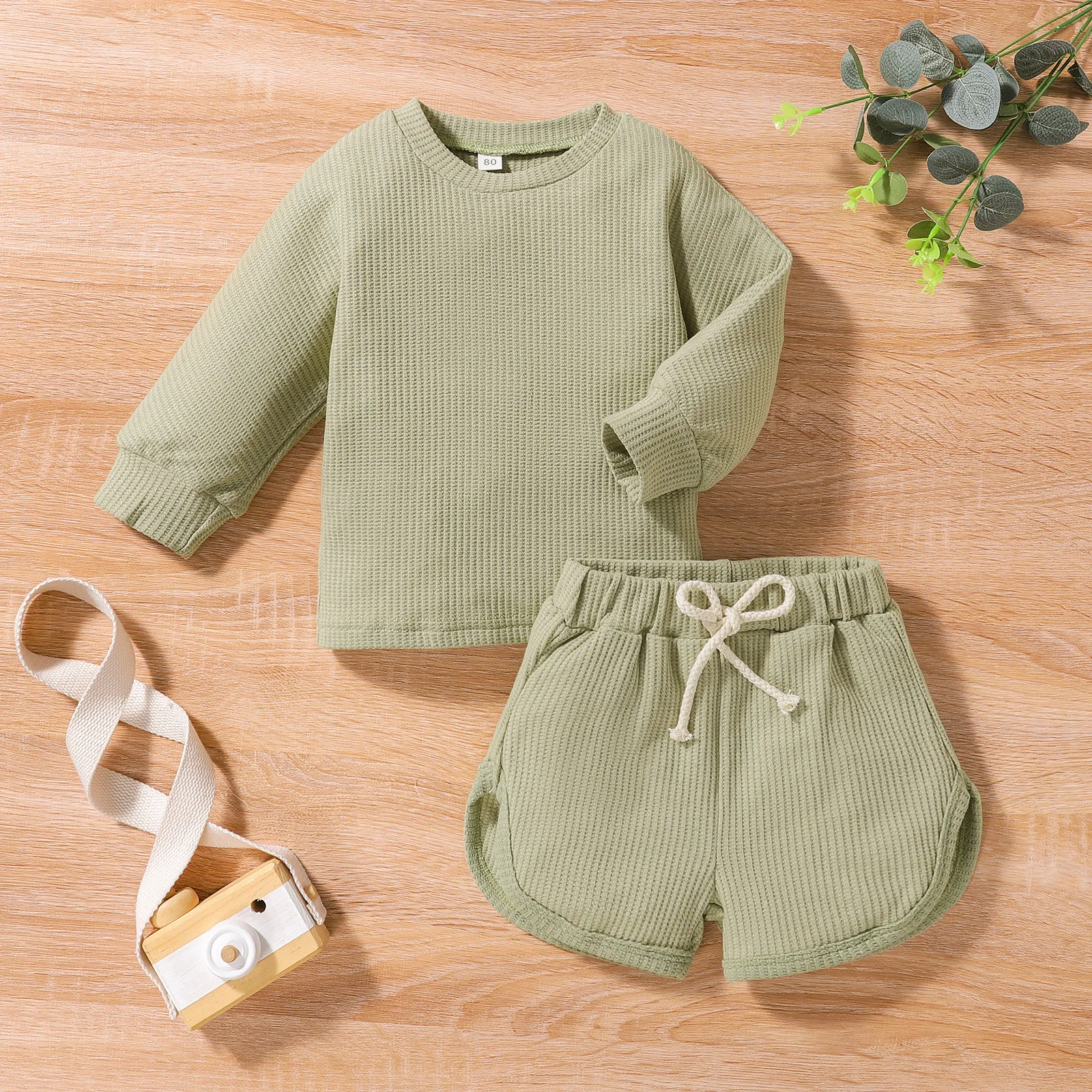 17324 Logo Custom Children Baby Boys Girls Long Sleeve Top Draw-string Shorts Cotton Toddler Waffle Kids Set