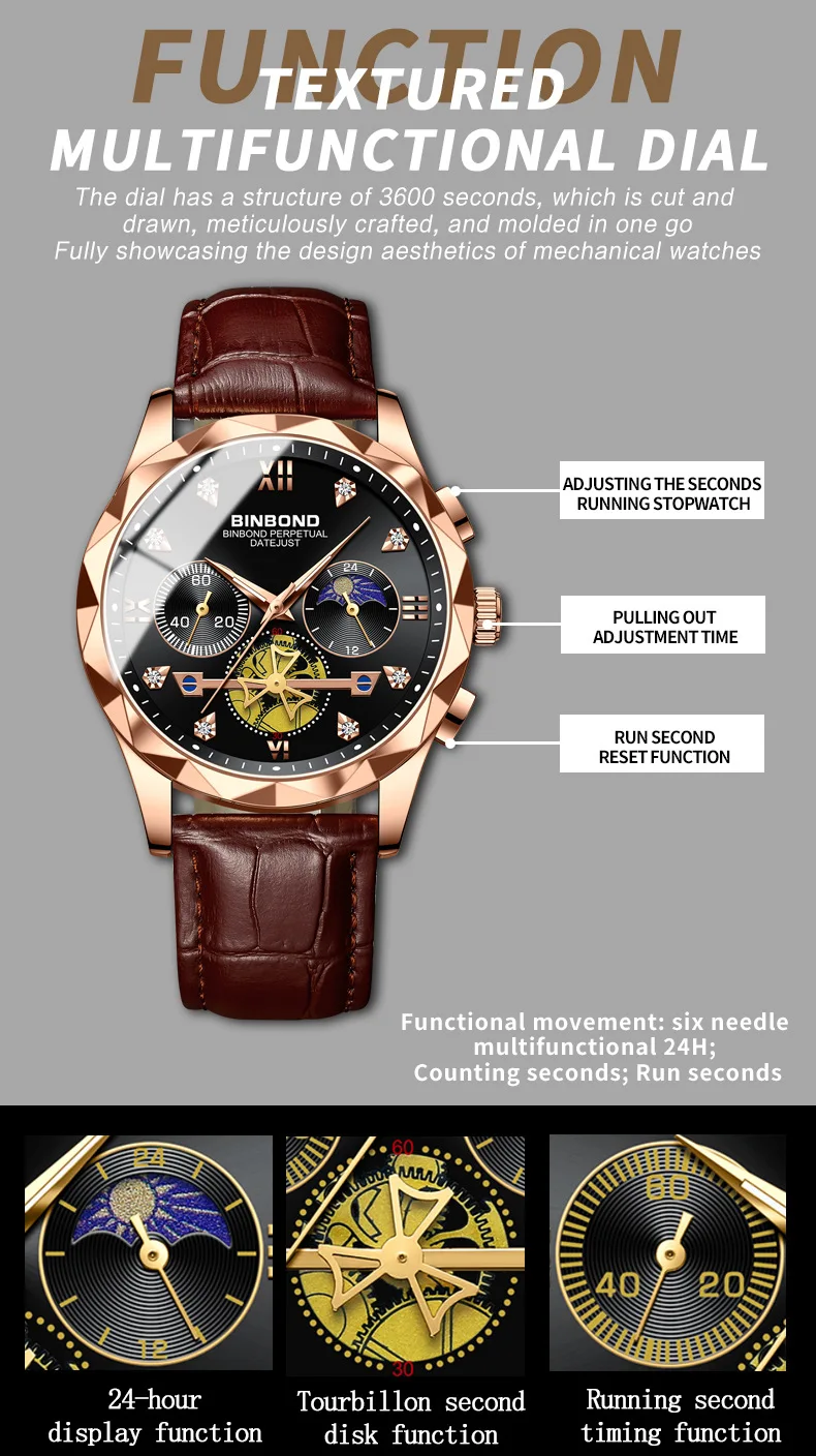 BINBOND B1236 Mens Wristwatches Top Brand Luxury Tourbillon Quartz Watch for Men Sport Leather Strap Waterproof Clock Relogio