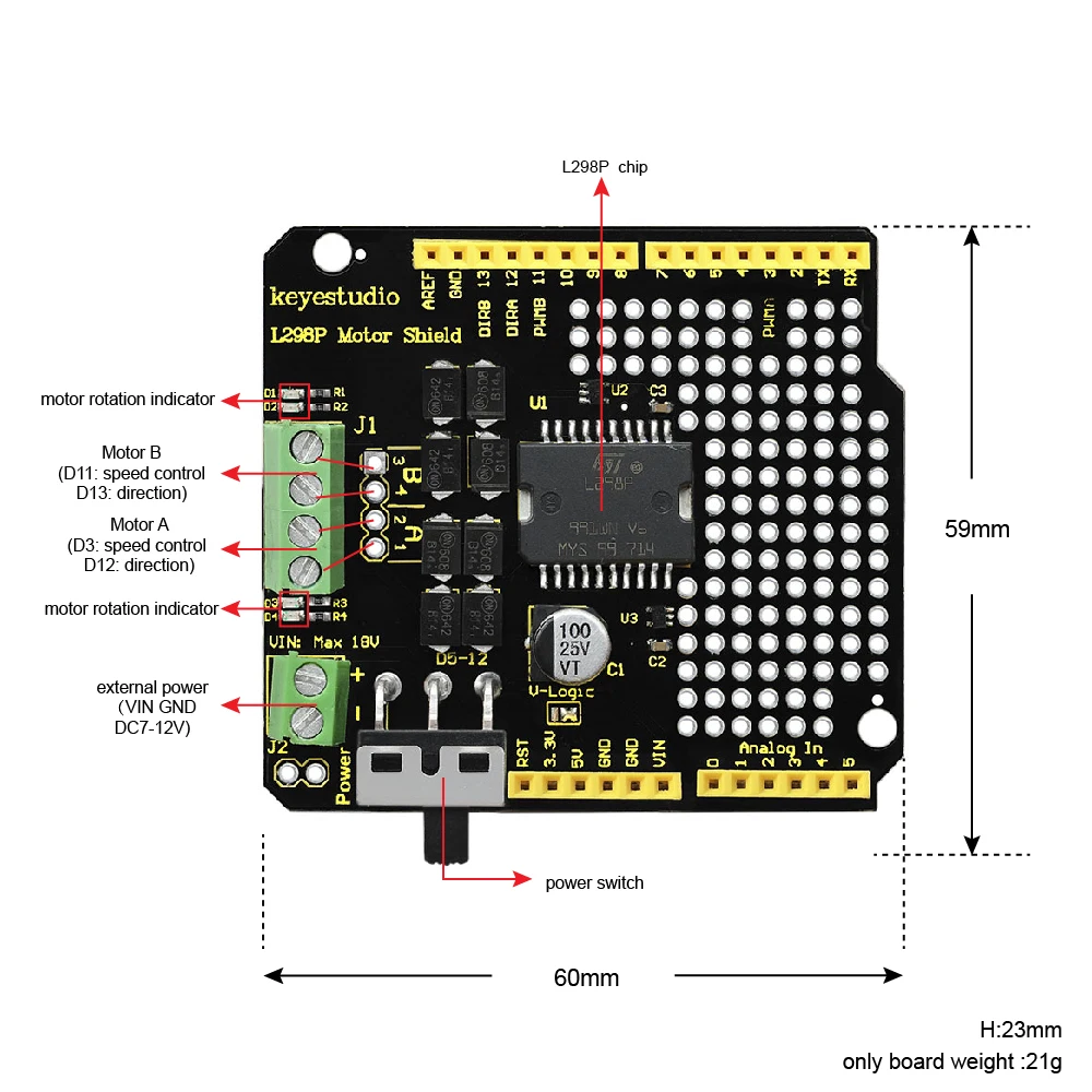 Экран Keyestudio L298P с модулем выключателя питания для Arduino