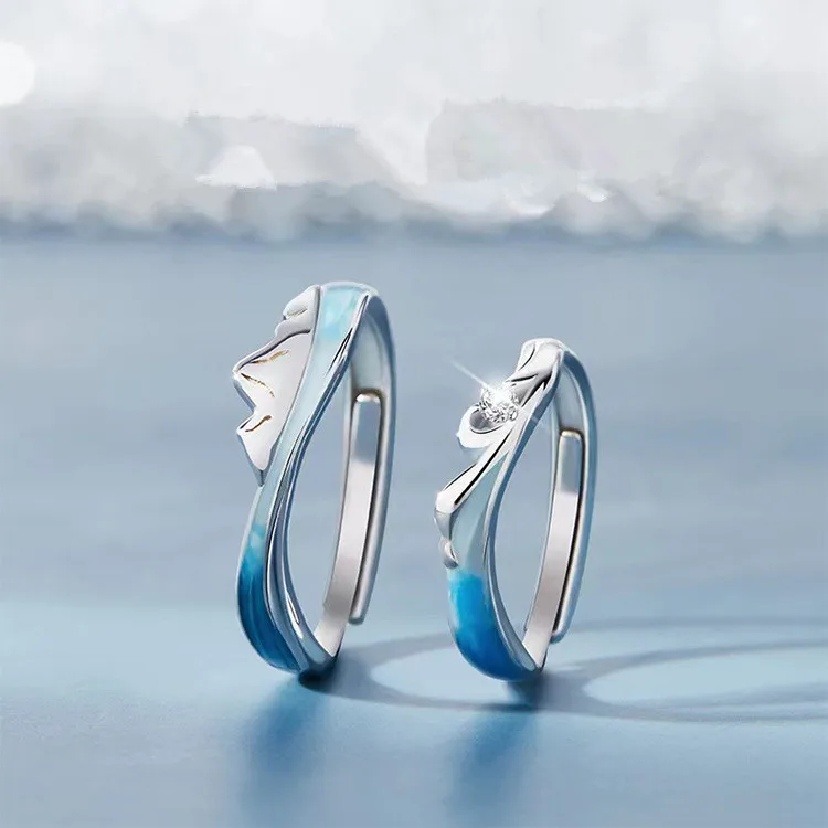 Trendy Couple Wedding Ring Sets Personality Open Adjustable Couple Ring Mountain and Sea Design Diamond Ring Wholesale