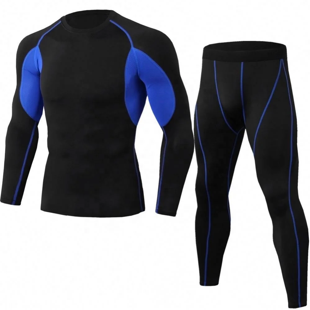 Training Bodybuilding Sport 2 Piece Pants Compression Pants Long-Sleeve T-Shirt Compression Short Tights Men Set