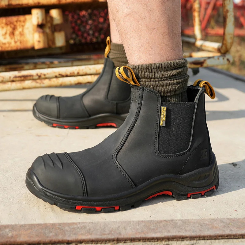 Hot Mining Industrial Safety Boots,No Lace Real Leather middle cut waterproof Safety Boots, Steel Toe Black Safety Shoes
