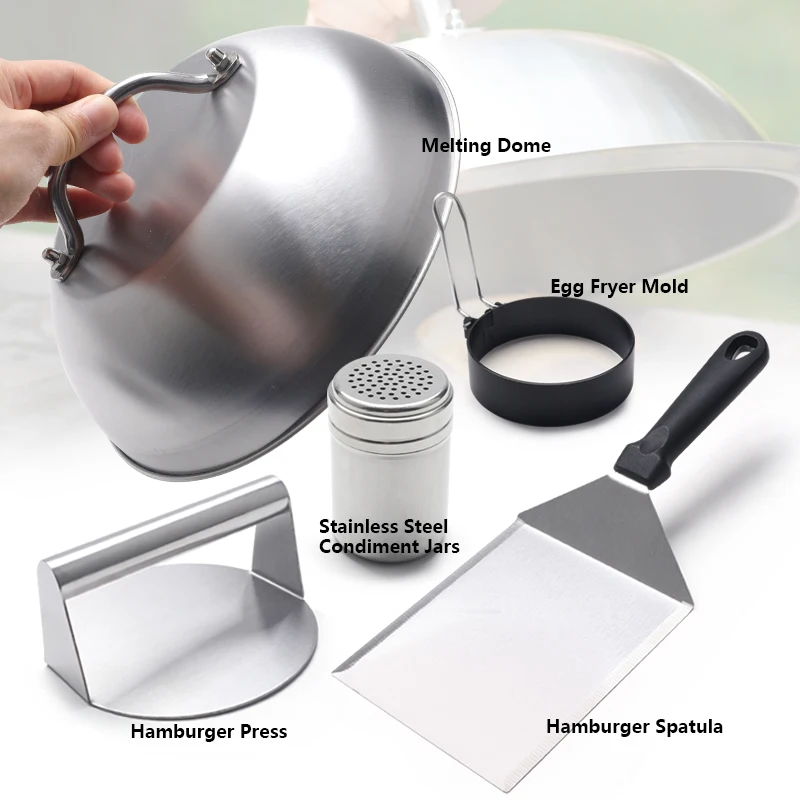 Stainless Steel BBQ Grilling Meat Patty Flipper Scraper Hamburger Presses Set With Cover