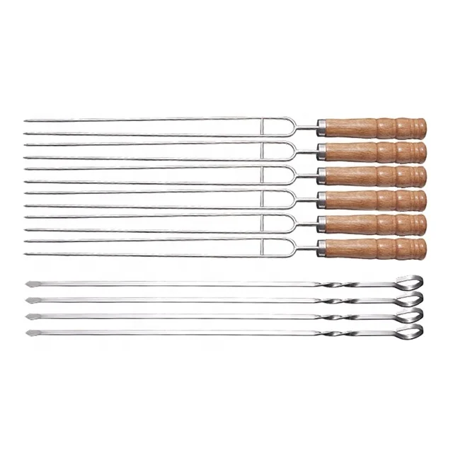 10pcs BBQ Forks Stainless Steel Barbecue Stick bbq Needle Skewers Wooden Handle BBQ Tools with bag