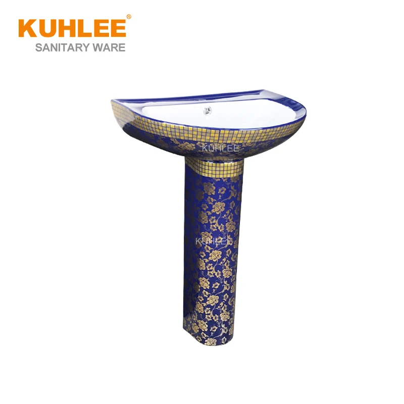 Luxury Basin Bowls Blue Golden Color Modern Bathroom Ceramic Washing Hand Pedestal Wash Basins Sink