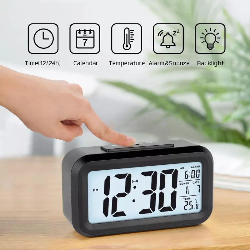2024 blue white back light color  Table snooze digital Smart  sensor alarm clock