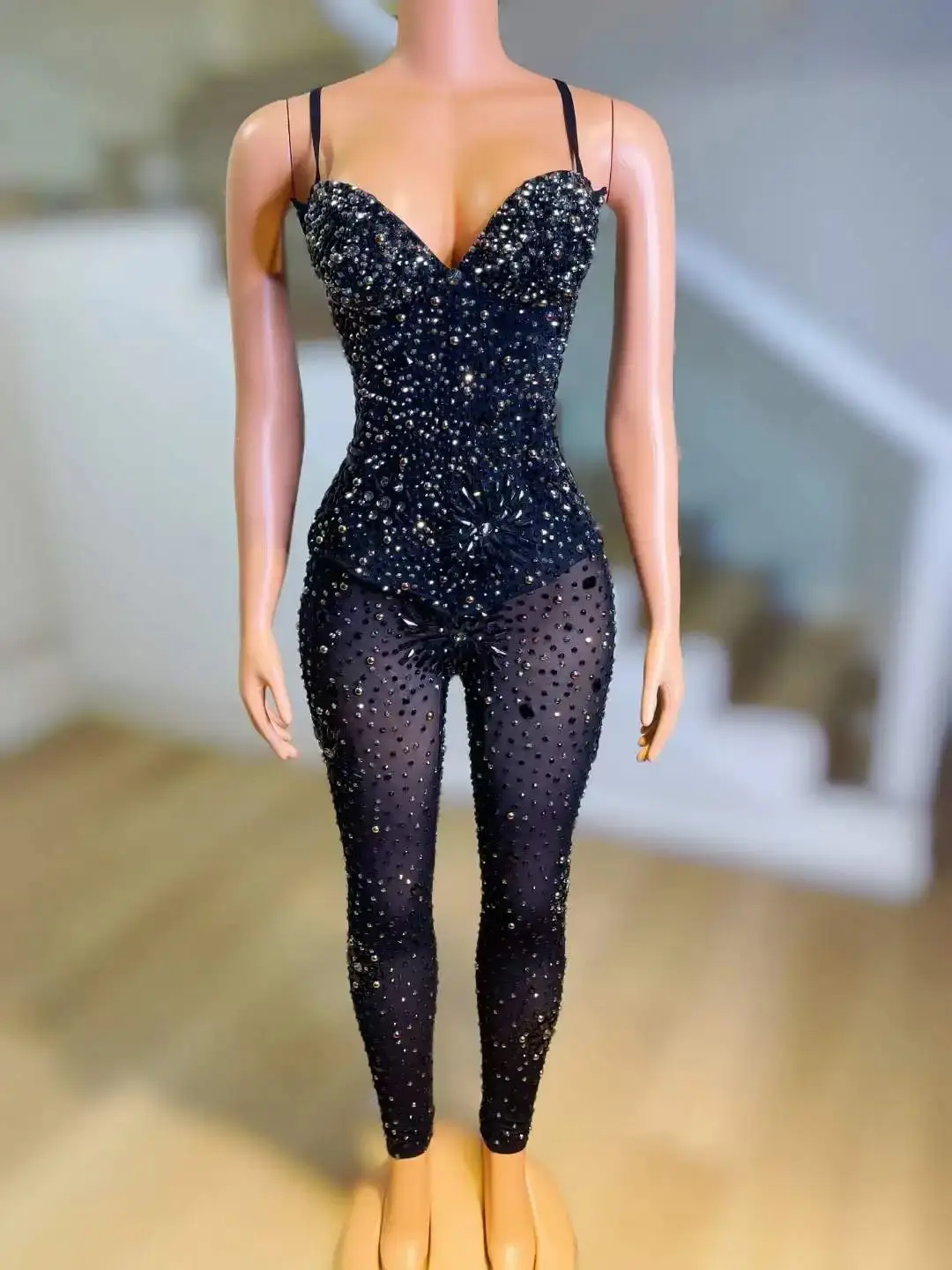 Jumpsuits Women Sparkly Rhinestone Stage Wear Singer Dancer Sexy Drag Queen Costumes S M L Romper Birthday Party Nightclub