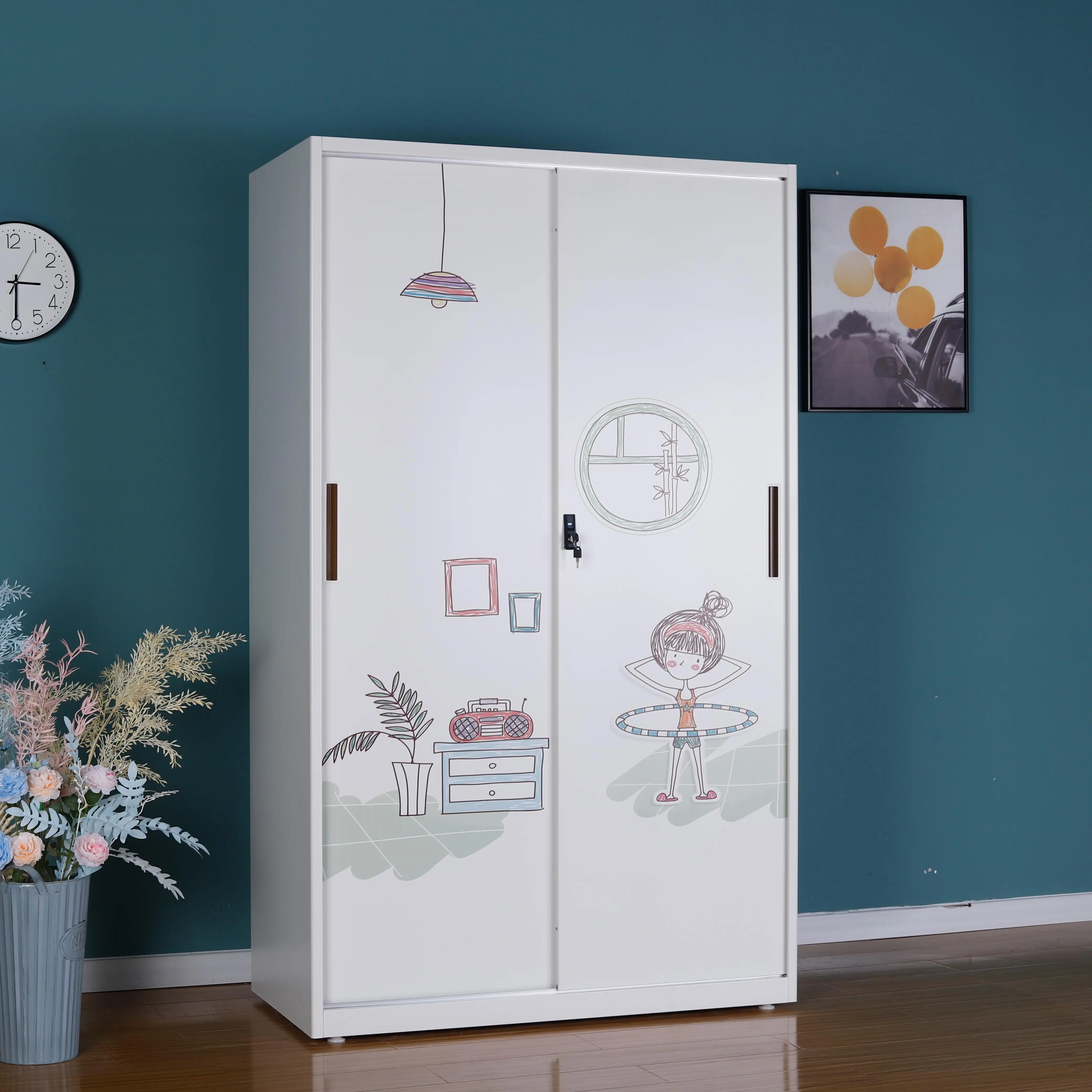 Home Sliding Metal Furniture Bedroom Cheap Lemari Pakaian Closet Cabinet Children Kids Pattern Cloth Baby Wardrobe for Child