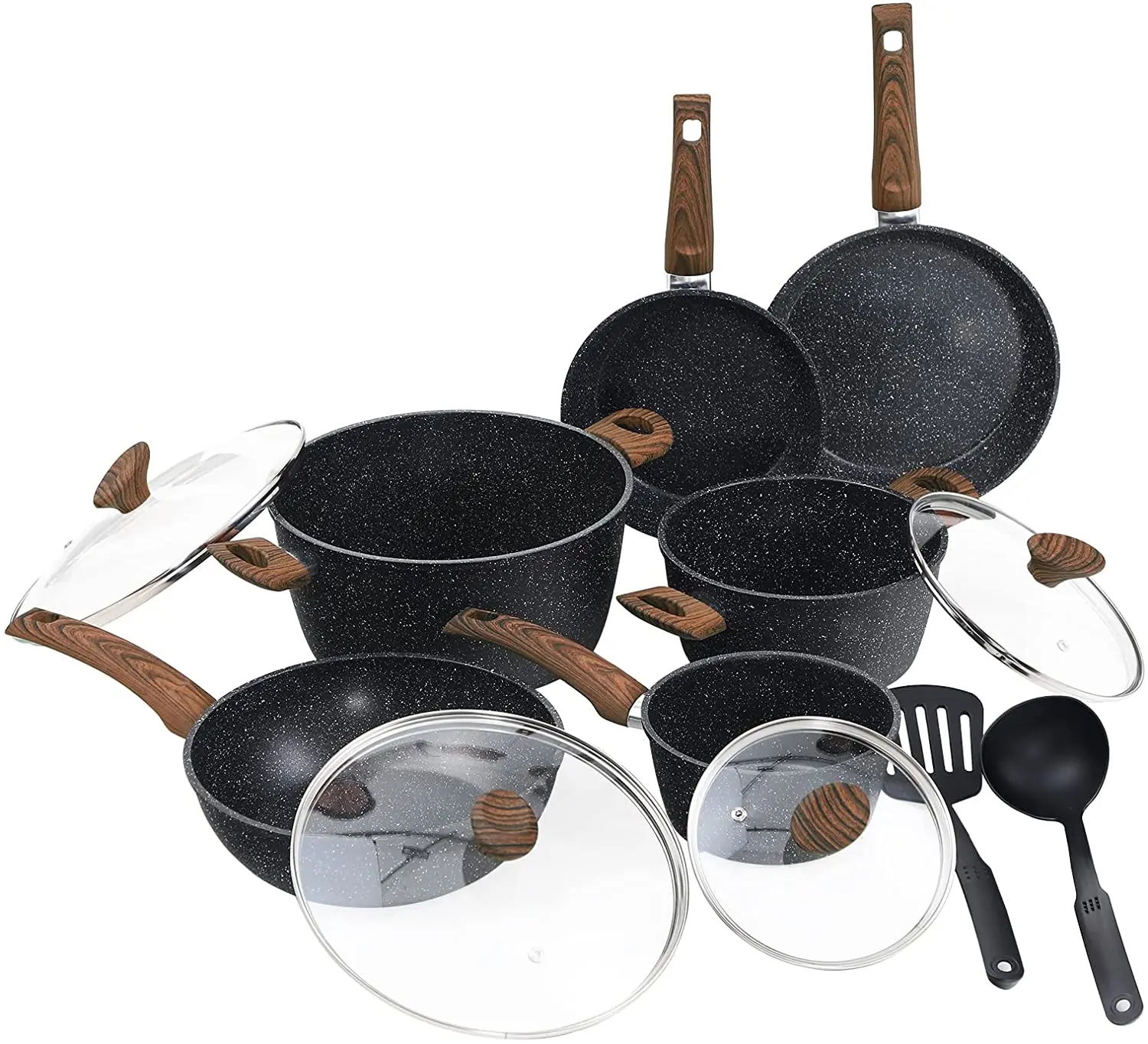 Kitchen Nonstick Cookware Sets Granite Coating Frying Pan Skillets Stock Pot, 12 Piece Induction Pan Sets