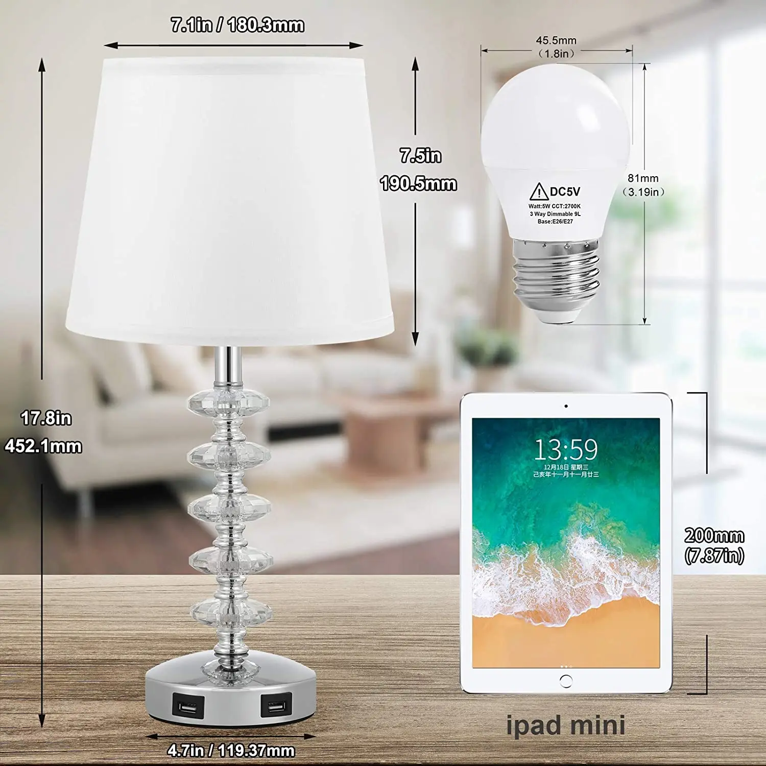 Modern Bedside Lamp Touch Control Crystal Table Lamps 3 Way Dimmable with Dual USB Ports