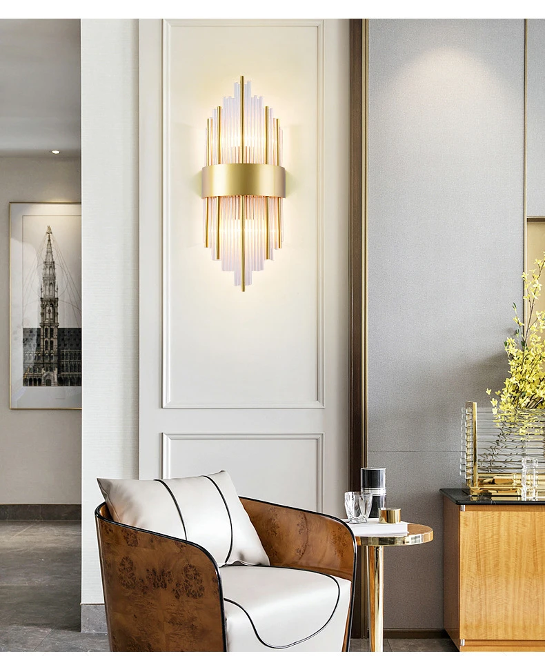 Hotel luxury glass tube wall light Modern golden crystal wall scone light