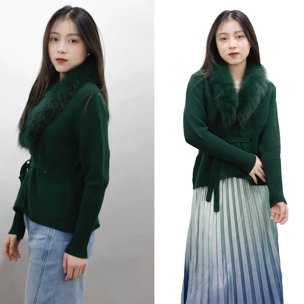 New Arrival Wool Blended Ladies Knit Belted Short Cardigan With Fur Collar