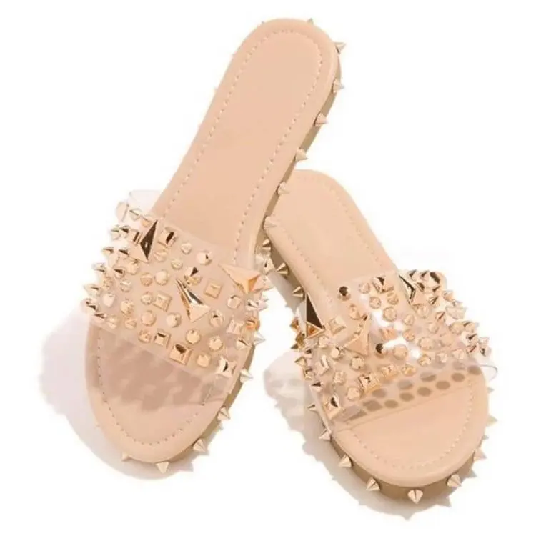 
2020 Summer hot style ladies rhinestone sandals girls fashion slippers round head rivet flat heel women slides 