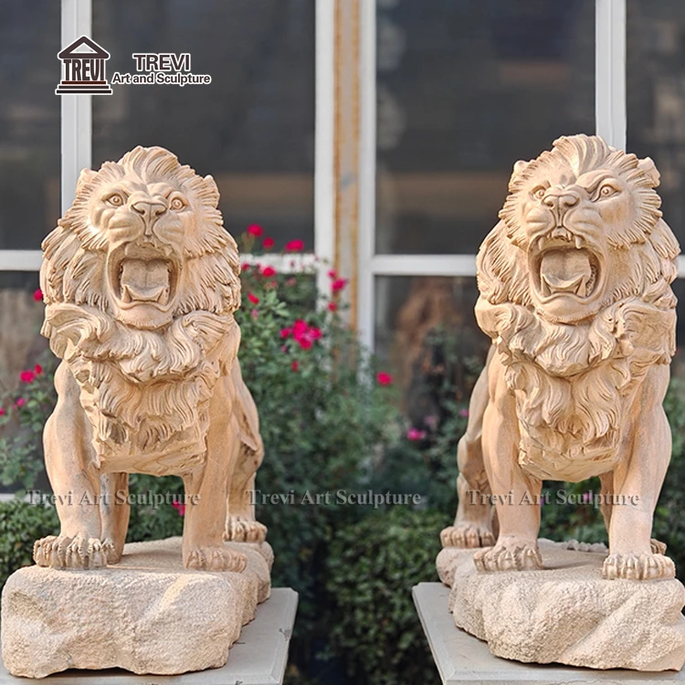 Резьба по натуральному камню античный закат красный мрамор ревущий Лев статуи для продажи